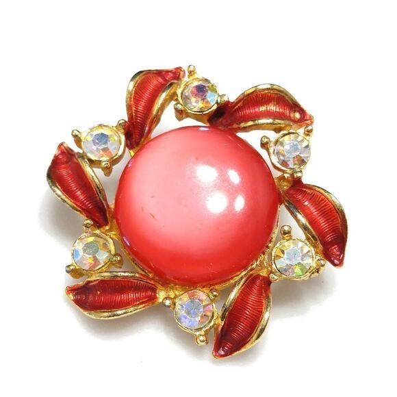 Vintage Red Moonglow Lucite Clip Earrings, Aurora Borealis Rhinestones, 1 1/2 In - Picture 9 of 9